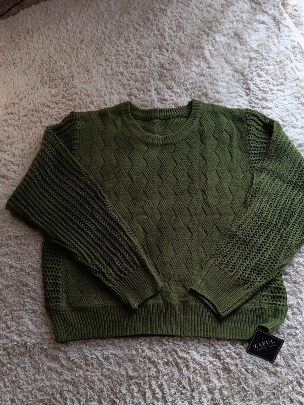 Zaful Olive Green Openwork Diamond Knit Crewneck Sweater XL NWT
